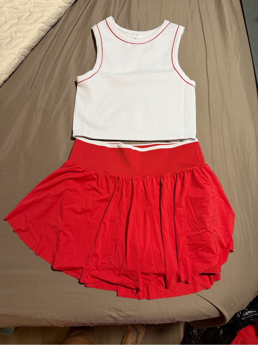 White crop Tank with Red Trim & Red skort Set